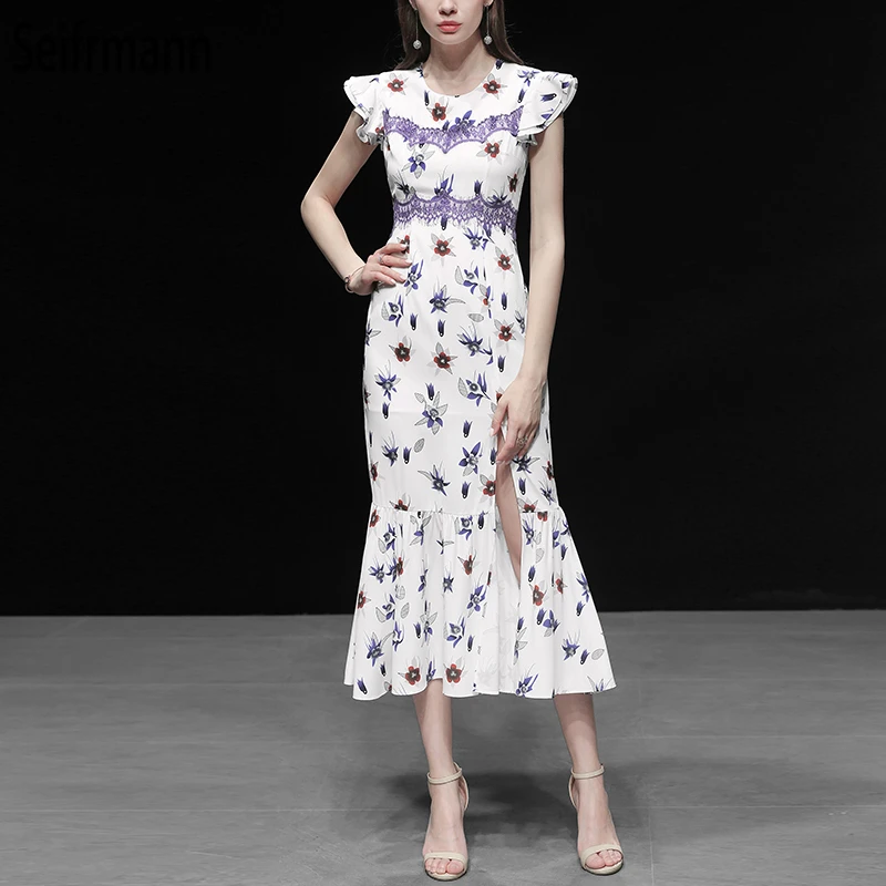 

Seifrmann New Women Summer Dress Runway Fashion Designer Butterfly Sleeve Elegant Lace Floral Printed Splice Side slit Dresses