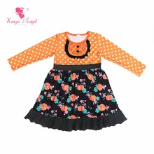 Kaiya Angel на Хэллоуин для маленьких девочек оборками с длинными рукавами детские платья принцессы цветок тыквы Оранжевый нижняя белая одежда в горошек