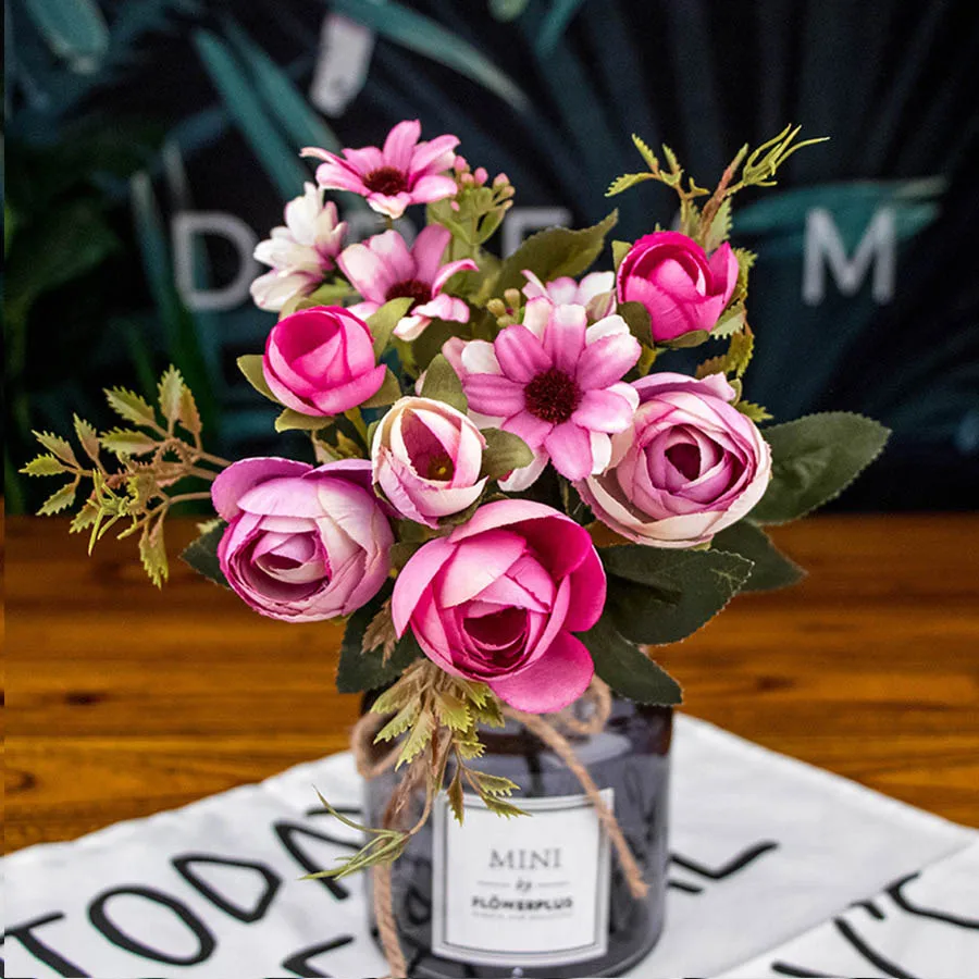 Осенние искусственные Чайные розы, шелковые цветы герберы, ромашки, искусственный цветок из пластика для свадьбы, аксессуары для дома, украшение комнаты - Цвет: B
