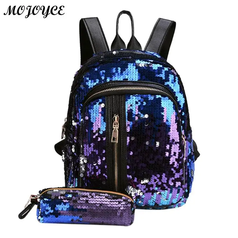 Женский рюкзак с блестками из 2 предметов для девочек-подростков, модный шикарный рюкзак для студентов, школьная сумка, чехол-карандаш, клатч, Bolsas Mochilas Mujer - Цвет: Type A Blue