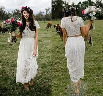

Romantic Two Piece Wedding Dress With Sleeves Lace Boho Round Neck Ankle Length Bohemian Hippie Short Bride Dress For Women 2019