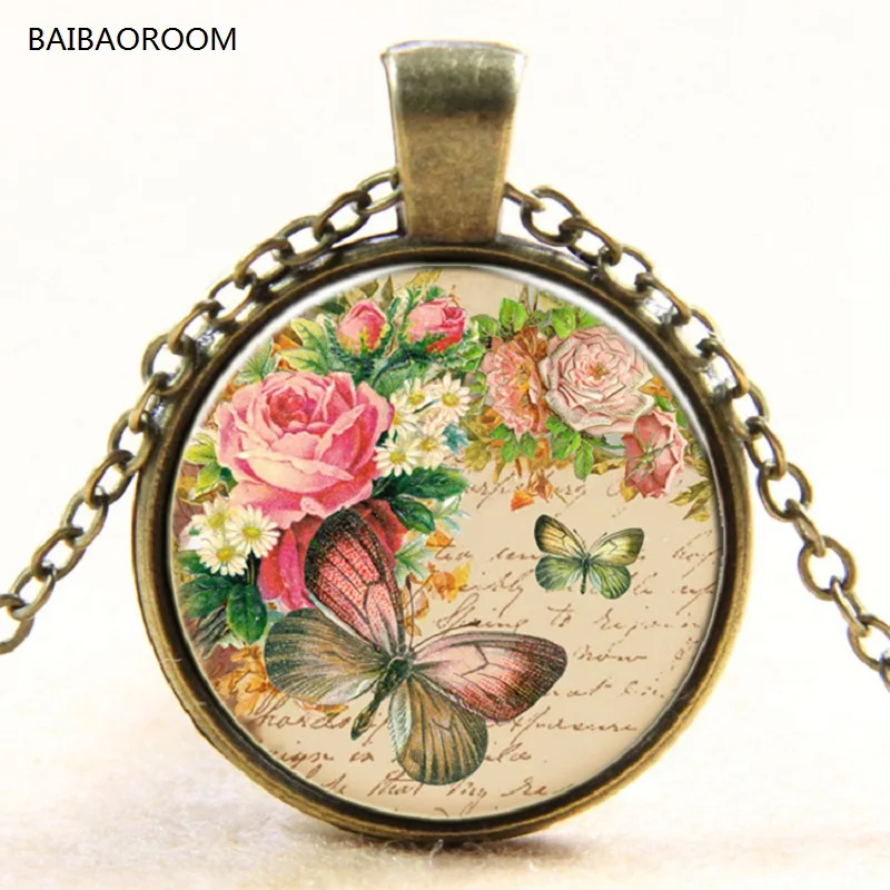 Image Rose Butterfly glass pendant necklace of jewels in time Europe and the new