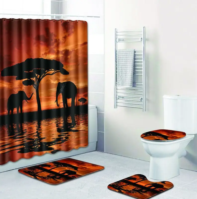 Набор из четырех коврик для ванной и душа Шторы, с аппликацией в виде слона, ковер Ванная комната 50x80 см, коврик для унитаза чехлы на сиденья туалета Нескользящие ковер