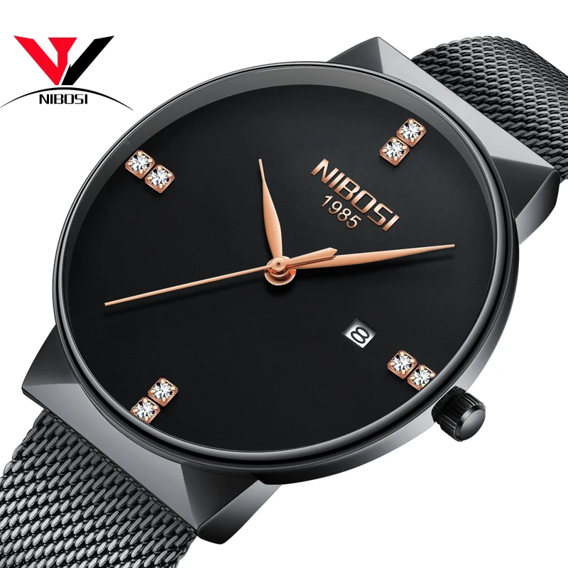 

Black Fashion Luxury Unisex Watch And Woman Brand Simple Style Waterproof Mesh Stainless Steel Band Quartz Thin Relogios NIBOSI
