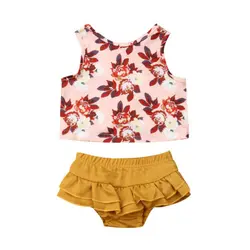 Топ с цветочным принтом для маленьких девочек + полипропиленовые трусы шорты, комплект одежды, хит продаж, новый летний комплект для