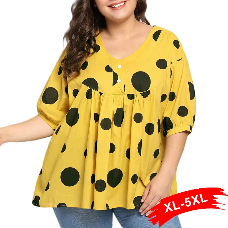 

Plus Size Polka Dot Print Yellow Pleated Ruffle Shirts Cute Short Sleeve Vintage Doll Blouse Ladies Summer Casual Loose Tops
