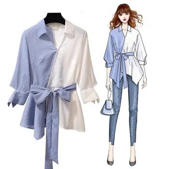 

Shirts Spring 2019 New Tops Designs Splices Stripes Shirts Plus Size Women Blouses Plus Size Tops