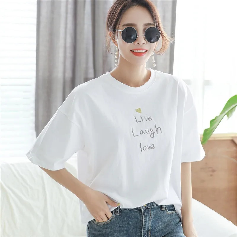 

Halajuku Women Embroidered Letters Tshirts 2019 Summer Short Sleeve Loose Tee Tops Women O Neck Casual Simple T-Shirt
