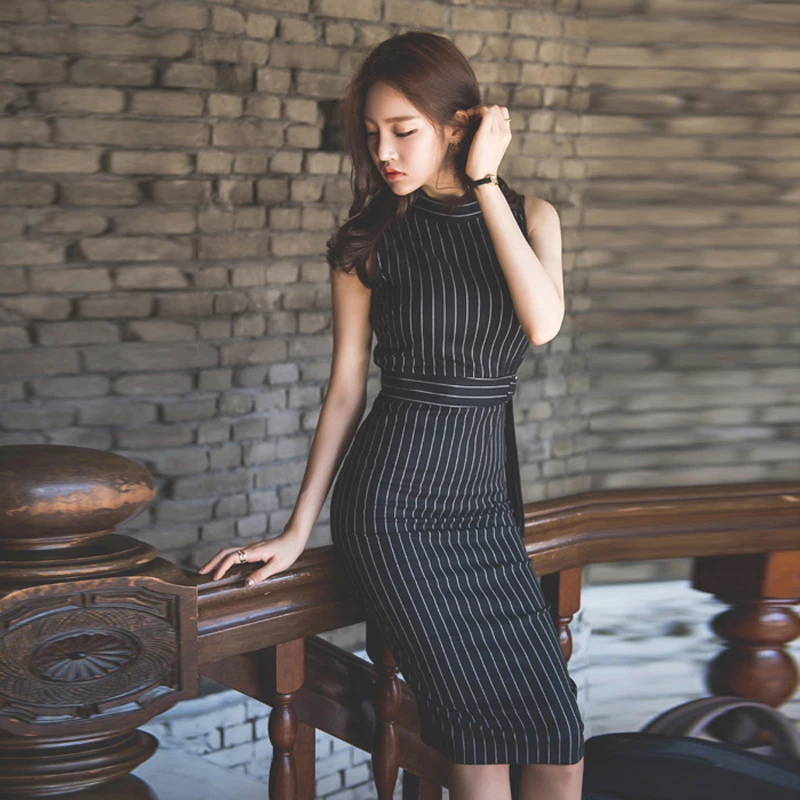 Striped Office Lady Work Dress Women Sleeveless Slim Sexy Summer Autumn Packaged Hip Elegant Fashion Vestido Mujer