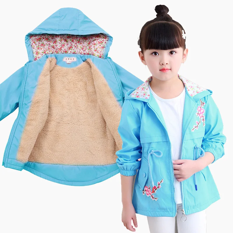 

New 2019 Spring Kids Little Girls Fleece Embroidery Long Tench Coats And Jackets For Girls Hooded Coat Outerwear Clothes