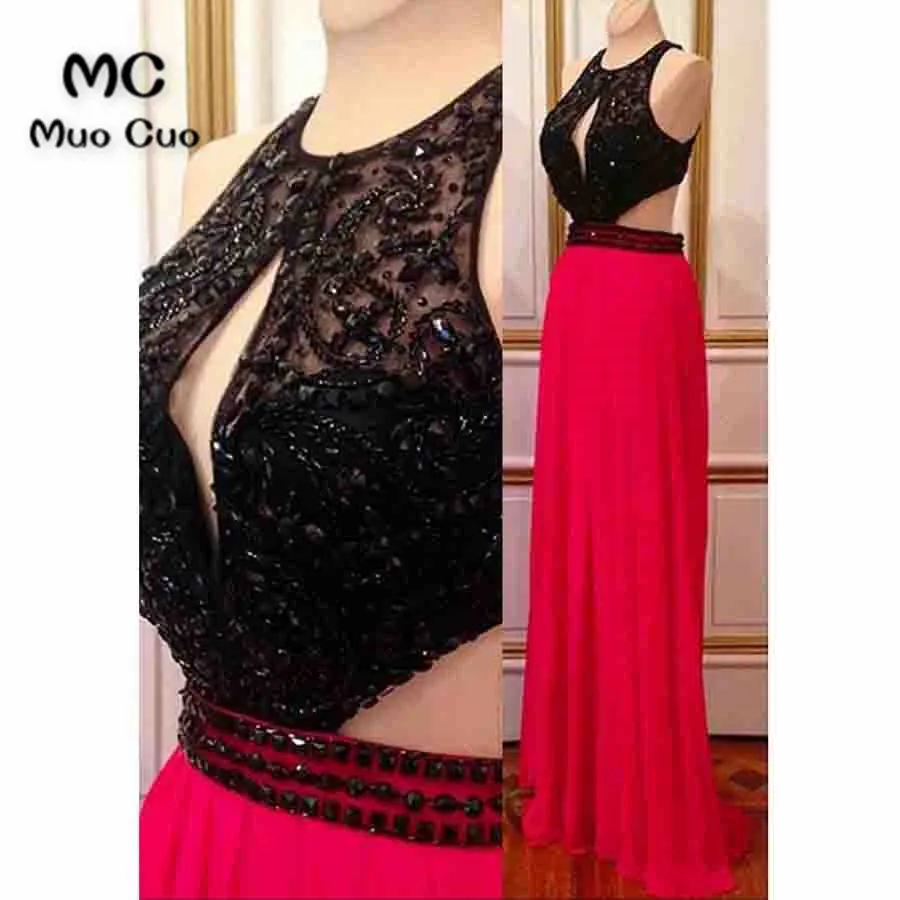 Hot pink chiffon black beaded round neck long prom dress,evening dress