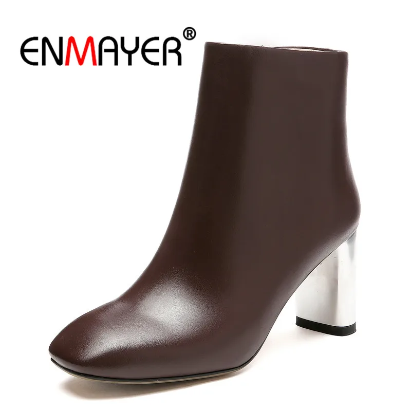 

ENMAYER Women High Heel Ankle Boot Fashion Cow Leather Autumn Winter Shoes Woman Square Toe Wedding Party Shoes Woman Pump CR904