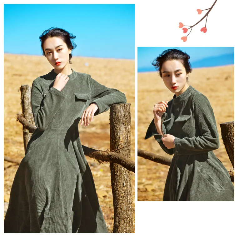 Johnature женское элегантное вельветовое платье в китайском стиле Cheongsam осеннее Новое приталенное винтажное платье с высокой талией и длинным рукавом