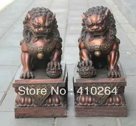 

18" huge pairs bronze with base sitting fire red eyes FOO DOG LION STATUE