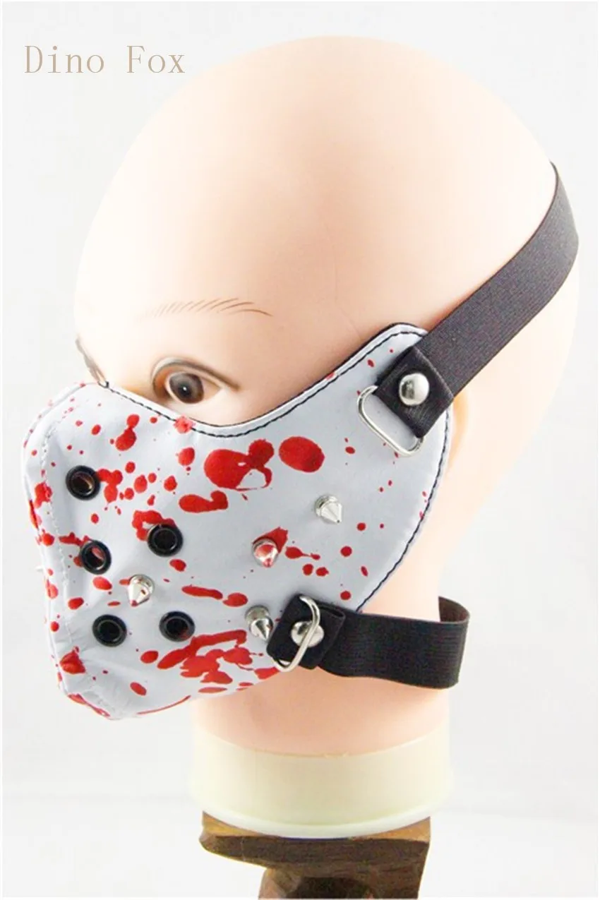 Punk Rock N' Roll Studs Black White Red PU Leather Mouth Muffle Mask Dust Filter Leash Bondage Restraints  (7)