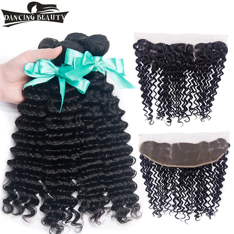 DANCING BEAUTY Pre-Colored Human Hair 4 Bundles With Closure 13*4 Malaysian Deep Wave Lace Frontal Non-Remy | Шиньоны и парики