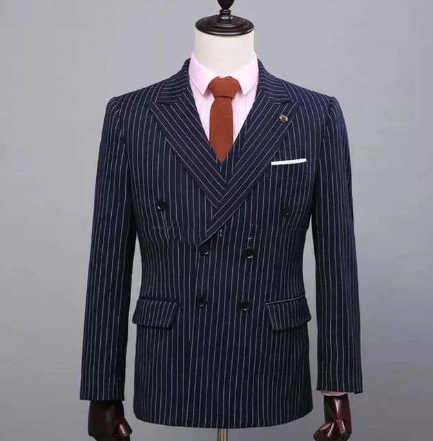 2018 Navy Blue Custom Made Double Breast White Striped Mens Suits ...