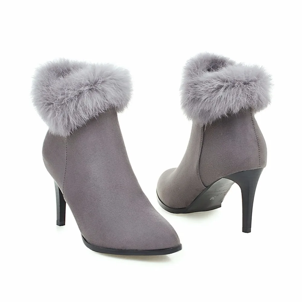 

PQECFS Big size 34-43 high quality spring & autumn fashion women solid rabbit hair pointed toe high heels riding boots 2 colors