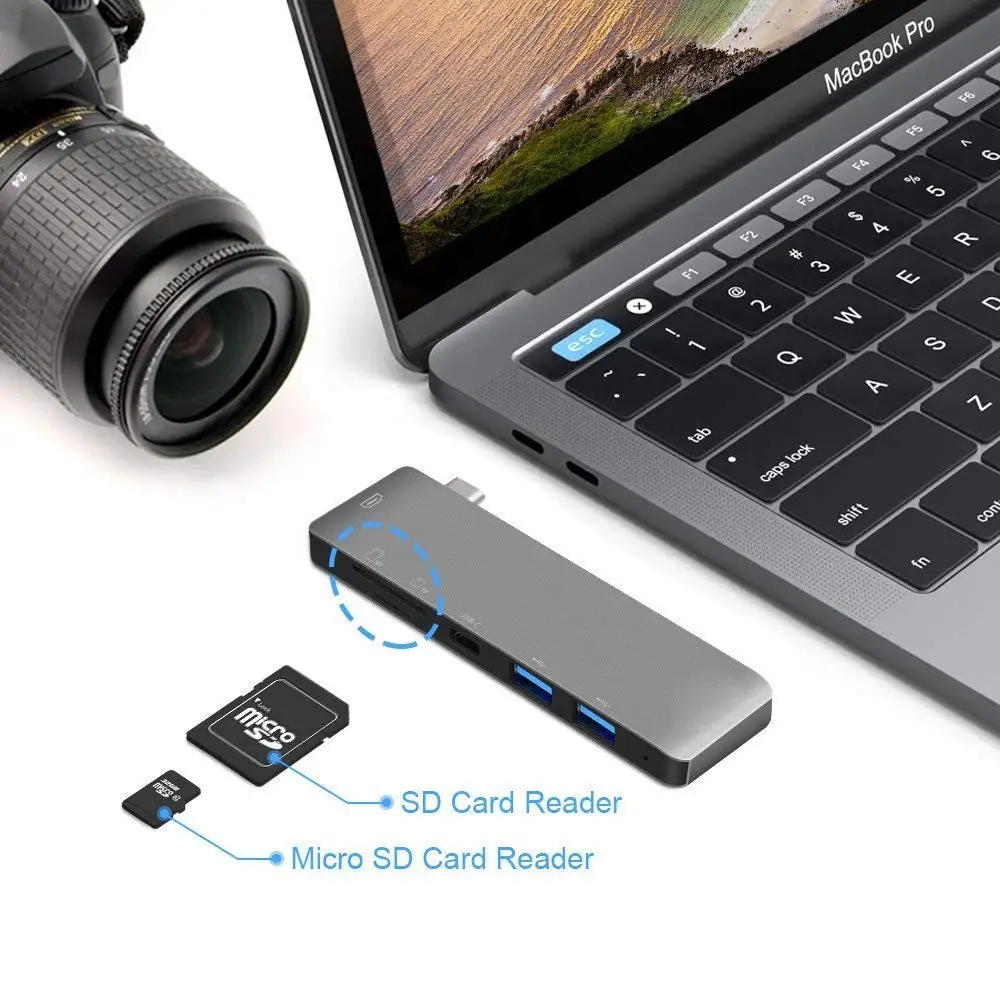  USB C Hub Adapter with 4K HDMI Output/Thunderbolt 3/SD TF Card Reader/2 USB 3.0 Ports for MacBook P
