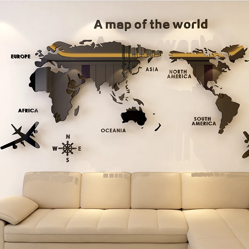 World map Acrylic 3D solid crystal bedroom wall with living room classroom stickers office decoration DIY ideas