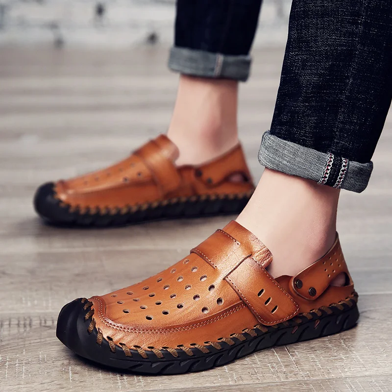 Hot Top Quality Mens Sandals Split Leather Summer Beach Casual Shoes ...