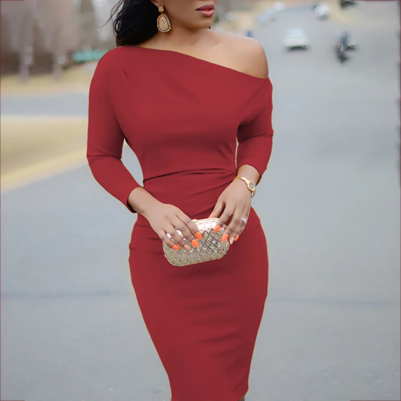 

2019 Spring Women Elegant Bodycon Dress Office Lady Sexy Sheath Midi Work Dress Long Sleeve Off the Shoulder Dress