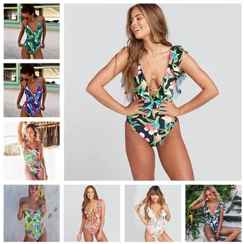 

Retro Printed One Pieces Swimwear 2019 Women Padded Monokini Halter Padded Swimsuit Beach Wear Backless Female Stroj Kapielowy