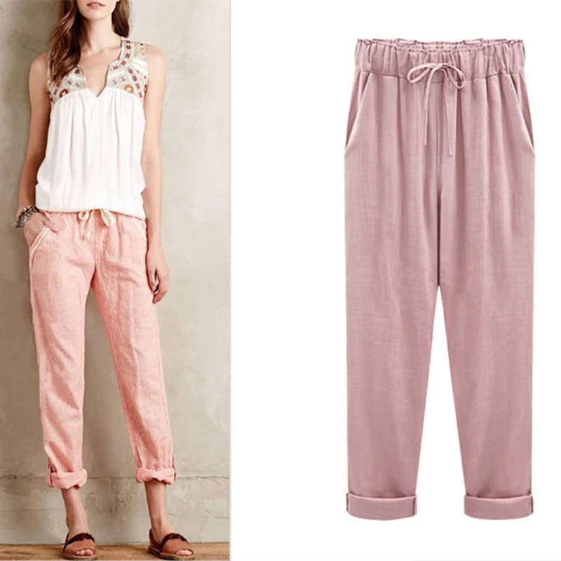 

Solid Elastic High Waisted Casual Woman Pants Straight Ankle Length Pants Female Pockets Drawstring Bow Trousers Plus Size