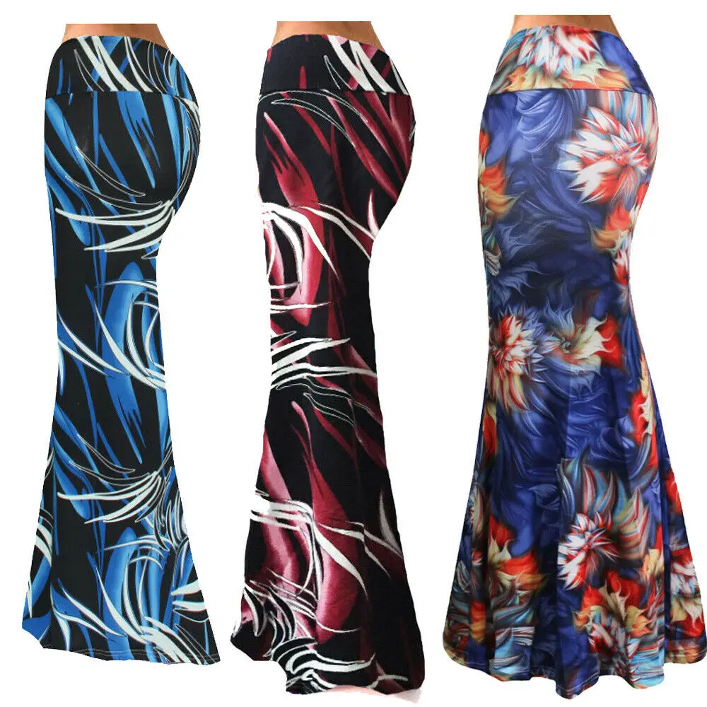 Women Plus Size Floor-length Maxi Skirt Stretch Floral Pencil Tube Bodycon Beach Skirts