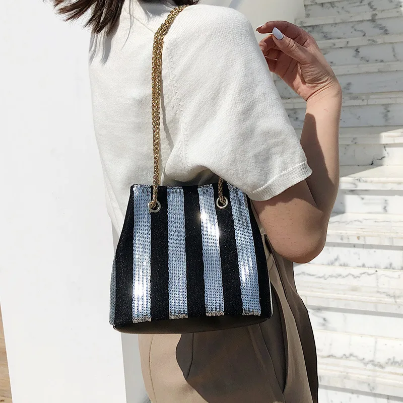 

Luxury Designer Bucket Sequins Women Messenger Bag 2019 New Fashion Ladies Handbag Chain Shoulder Bag Stripe Women Crossbody Bag
