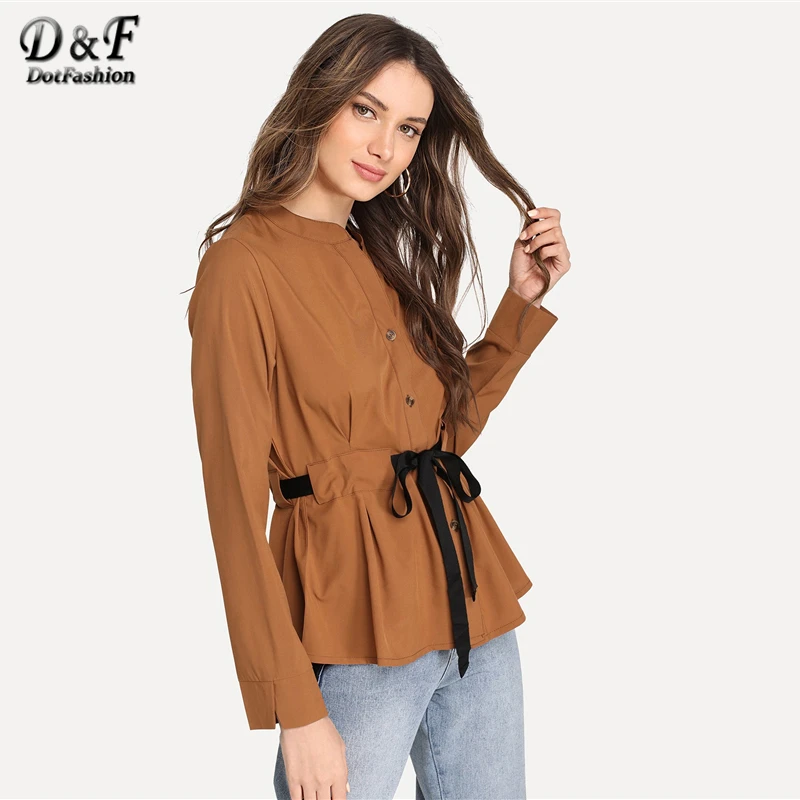  Dotfashion Camel Drawstring Waist Solid Blouse Womens Tops And Blouses Long Sleeve V Neck 2019 Autu