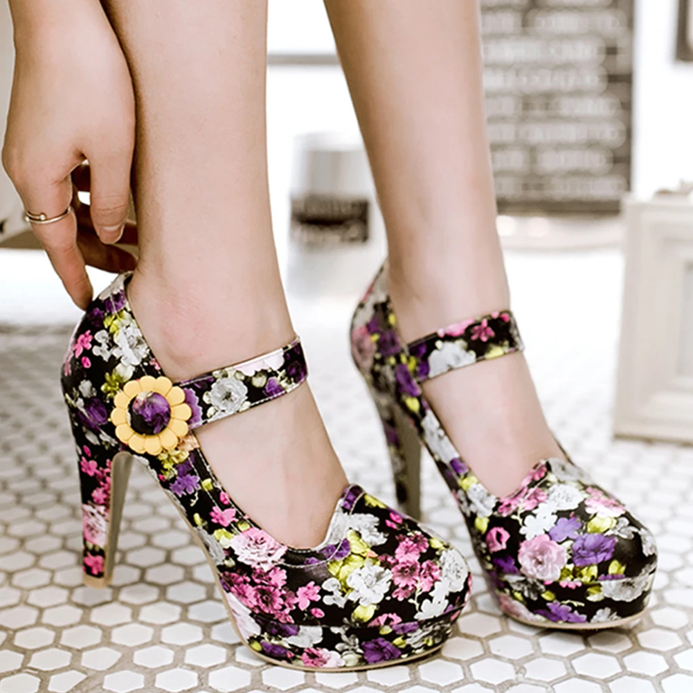 

Sweet Flower Platform Pumps women's 2019 Autumn large Size 31-48 Print women's Date party wedding Shoes Woman High Heels