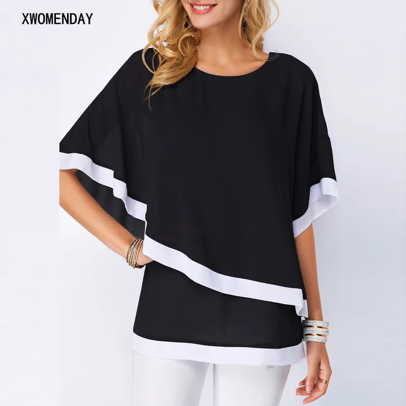 

Women 2019 Short Sleeve O Neck Chiffon Summer Blouse Shirt Casual Tops Plus Size S-5XL Patchwork Irregualr Loose Pullover Blouse