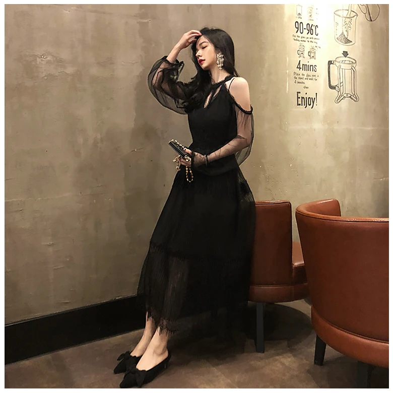 Весенне-летнее женское платье, женские платья, корейское винтажное платье, элегантное сексуальное кружевное вечернее платье, одежда черного цвета, Vestidos ZT1894