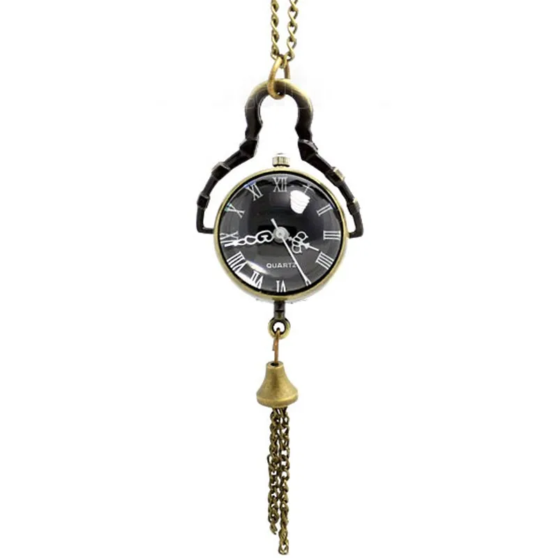 Уникальный бронзовый колокол Форма черный циферблат Стекло pendnat карманные часы с длинной цепью Цепочки и ожерелья для подарка