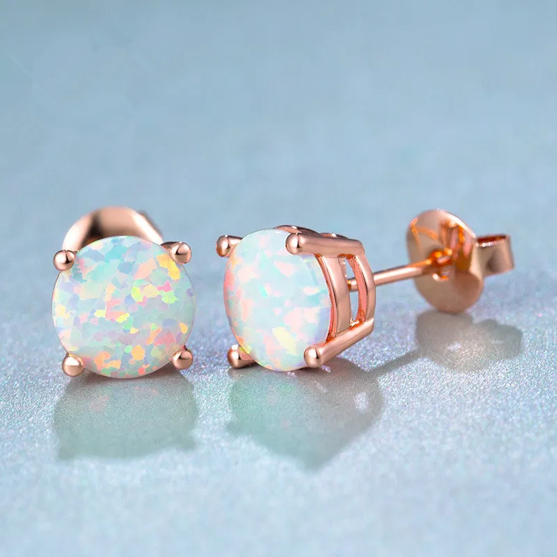 

EIOLZJ White Opal Alloy Silver Color Earrings for Women Rose Golden Blue Fire Opals Stud Prevent Allergies Free Jewelry Box
