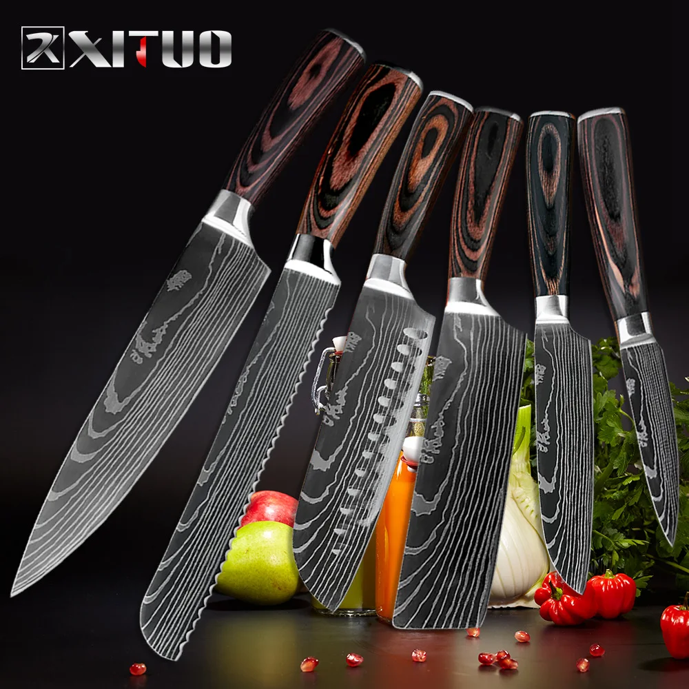 XITUO" 8" " 5" 3," дюймов Набор ножей шеф-повара для нарезки овощей хлеба Santoku ножи для очистки овощей 6 шт. кухонный нож Мясник инструменты дерево