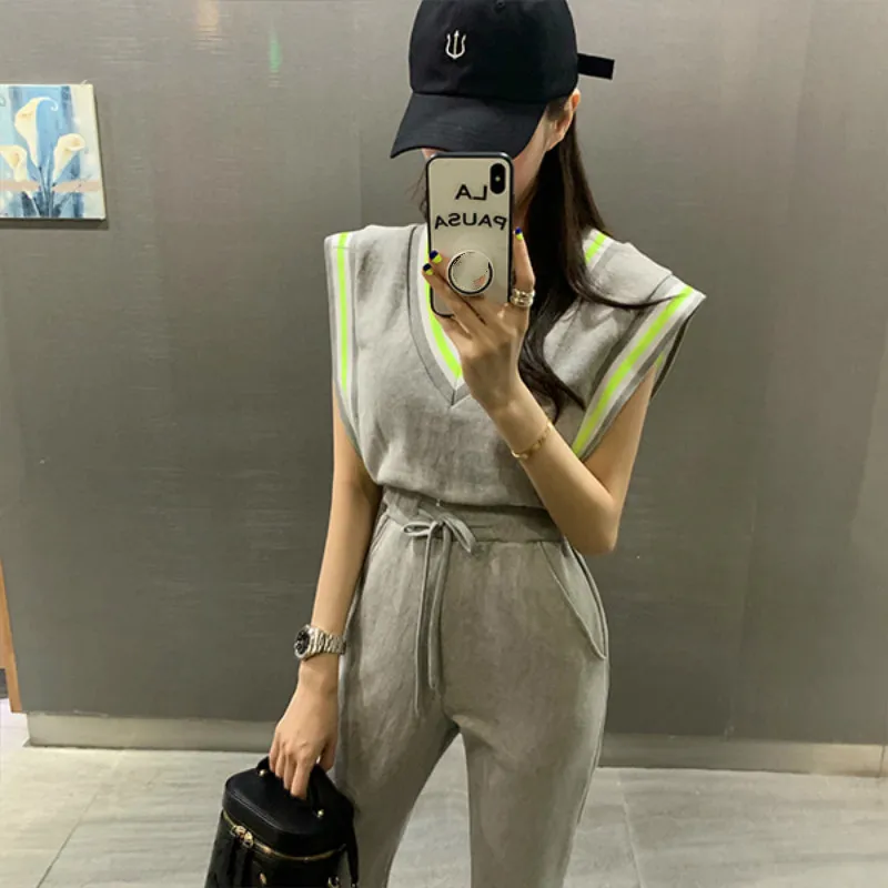 

Summer Casual Women Playsuits Patchwork Sleeveless Sexy V-Neck High Waist Drawstring Rompers Womens Jumpsuit