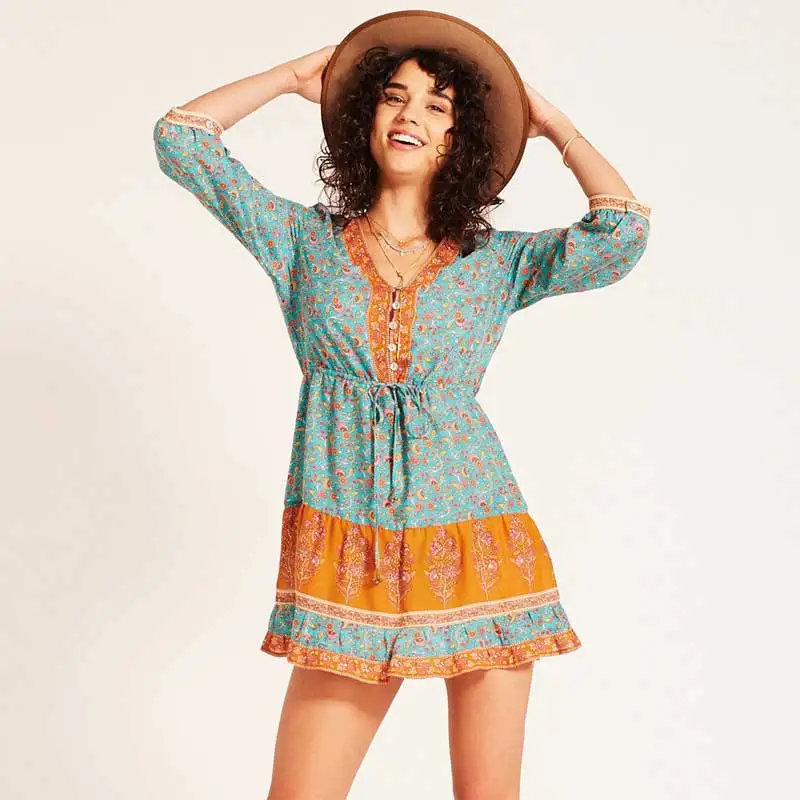 

BOHO Inspired floral print rayon V-neck chic women dresses drawstring waist 3/4 sleeve summer dress chic bohemian vestidos 2018