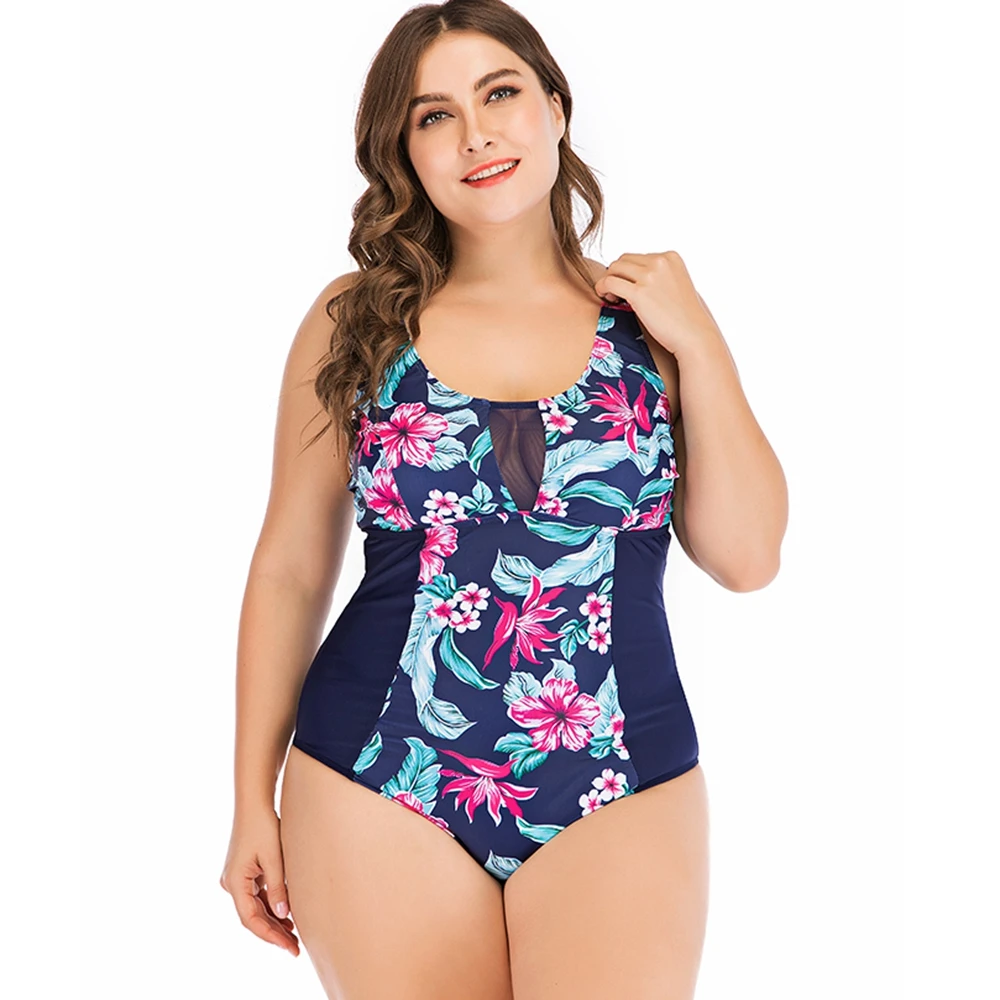 

PLUS SIZE 5XL one piece swimsuit floral mesh swimwear push up large sizes swimsuit patchwork monokini plus size maillot 2019