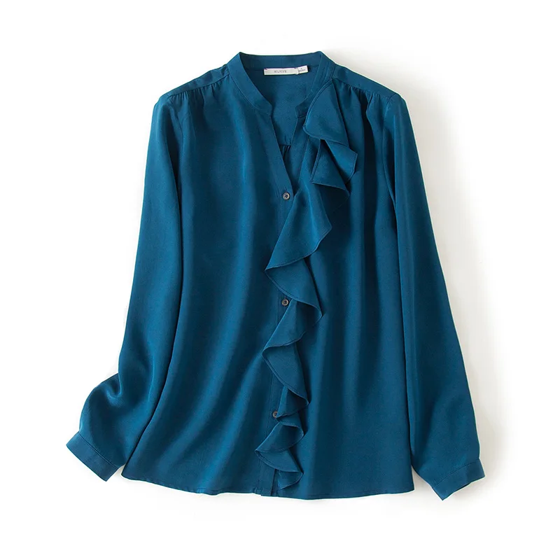 Peacock Blue Женская блузка, 16 мм, натуральный шелк, офисные женские блузки с длинным рукавом и оборками, блузка для женщин, Blusas femininas, новинка - Цвет: Peacock Blue