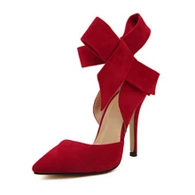 The new European and American big bow fine with a single shoe pointed foot ring strap high heels woman shoes hollow w735