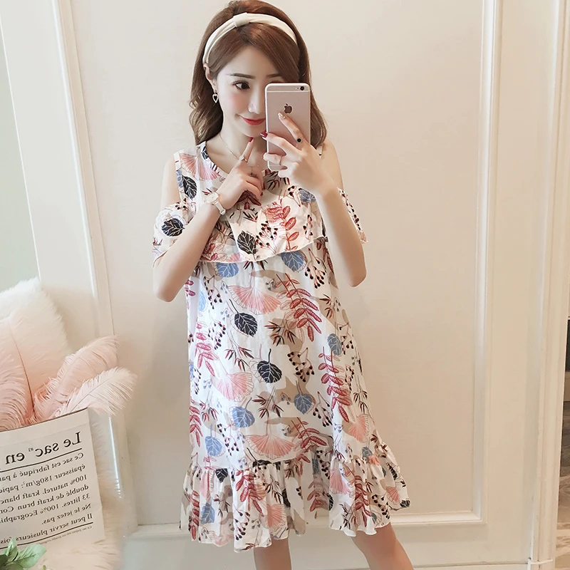 

2019 summer maternity new lactation dress sweet ruffles collar short sleeve floral zipper breastfeeding dress postpartum women