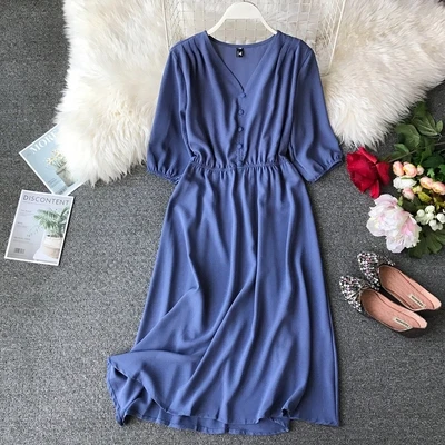 Винтажное женское офисное платье с v-образным вырезом, лето, корейское повседневное шифоновое платье средней длины Vestidos - Цвет: Blue