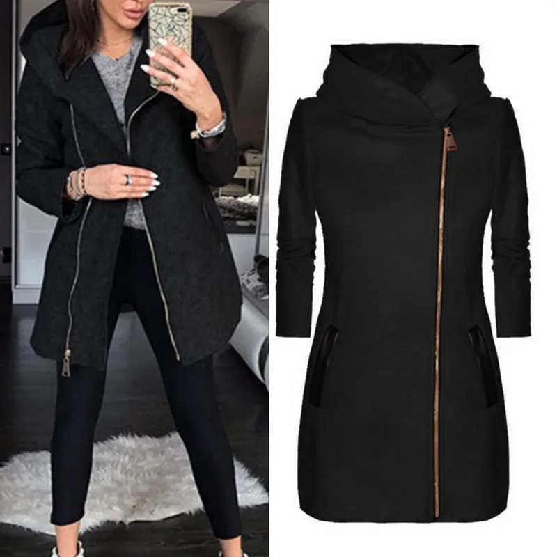 HEFLASHOR Трендовое модное женское осенне-зимнее пальто, теплая однотонная куртка на молнии, пальто, повседневное пальто, топы, Женское пальто