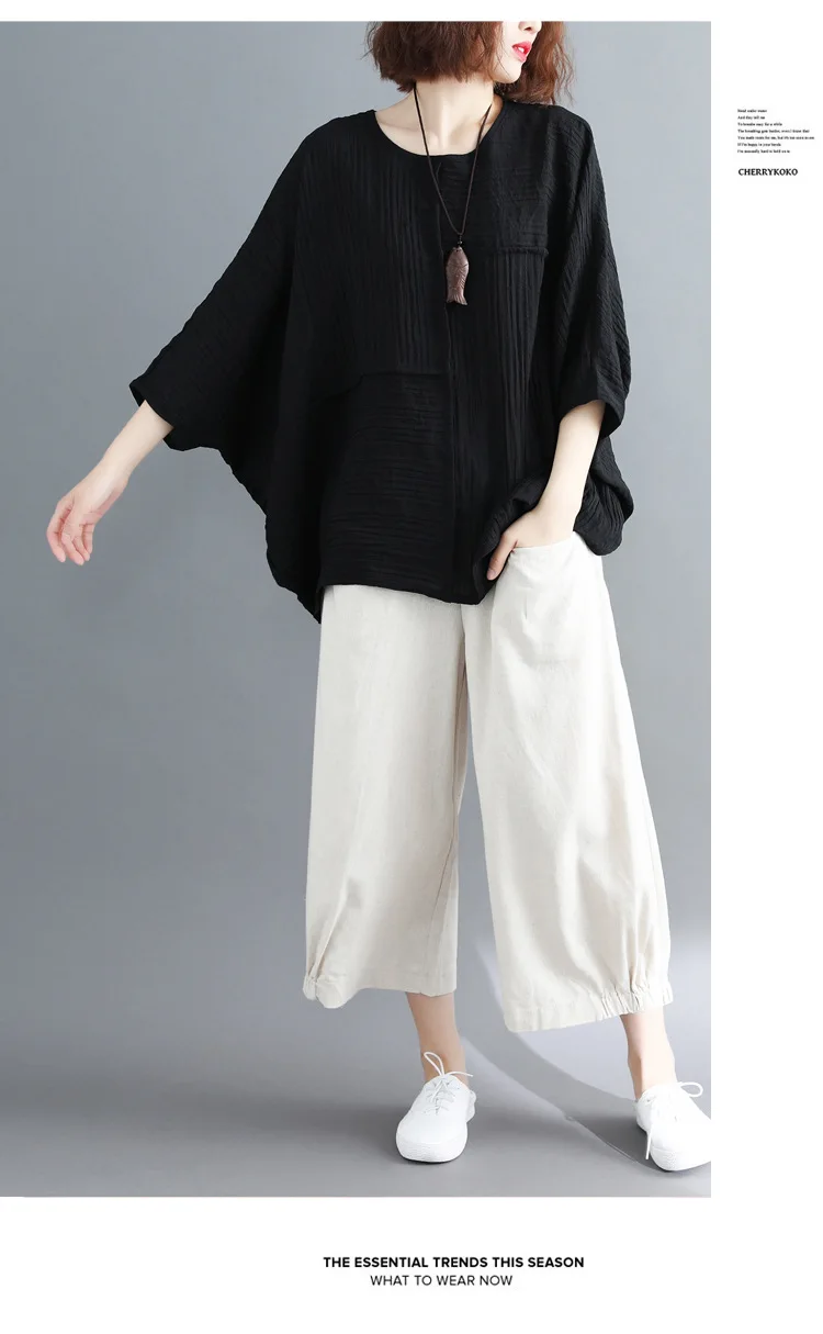  LZJN 2019 New Cotton Linen Soft Wide Leg Women Pants Elastic Waist Solid Color Summer Loose Trouser Plus Size Capris with Pocket (14)