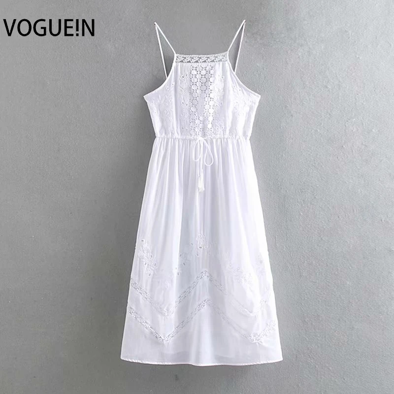 

VOGUEIN New Womens Summer Sexy Transparent Floral Embroidery White Slip Midi Dress Wholesale