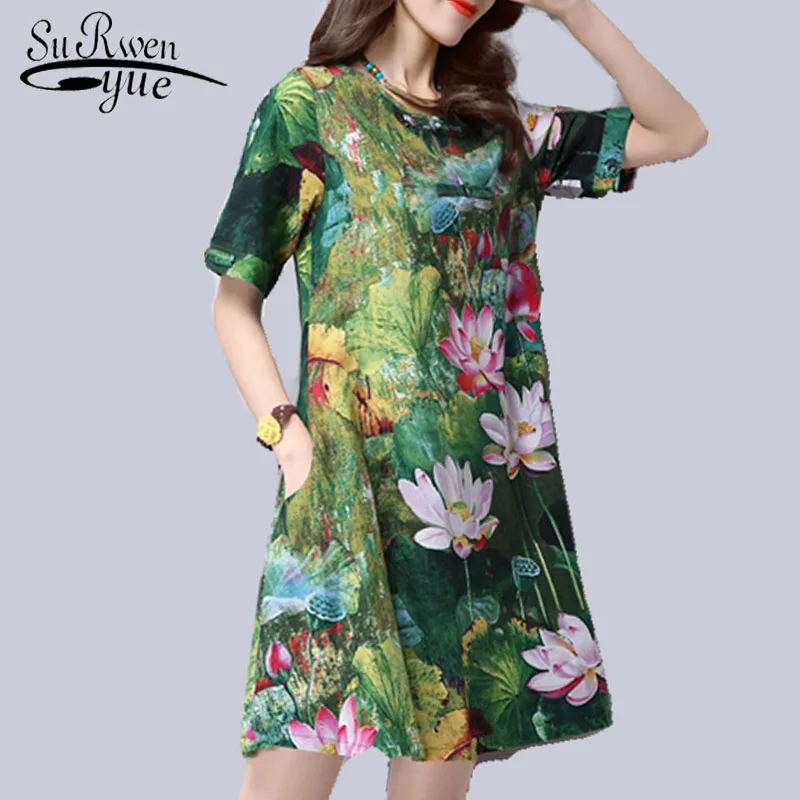

Fashion women summer dress 2019 print cotton linen dress women sweet o-neck green A-line women dresses feminine clothes 931B 25