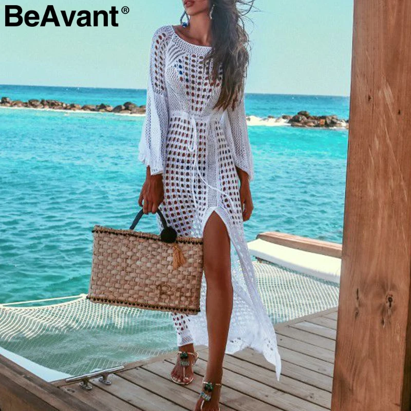 

BeAvant Hollow out sexy crochet beach dress women Summer beach wear cover up Knitted long sleeve holiday white dress vestidos
