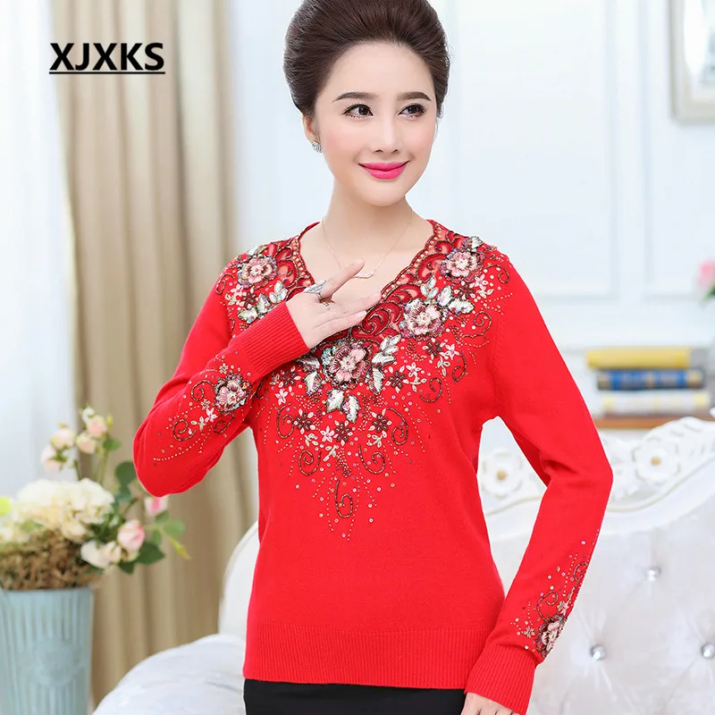 XJXKS сексуальные женские пуловеры и свитеры с v-образным вырезом с цветочной вышивкой и бисером размера плюс Удобный джемпер - Цвет: Красный